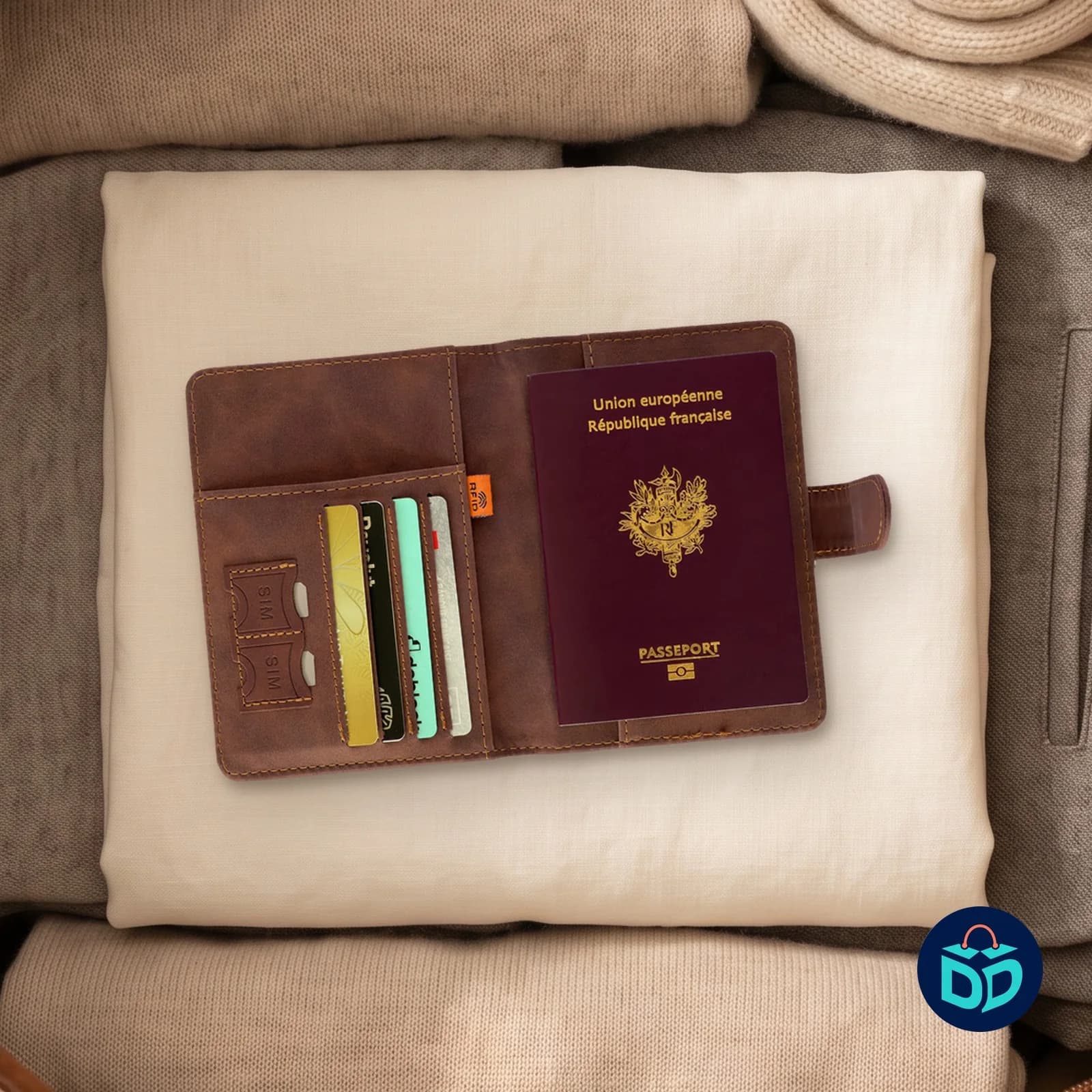 Protège-passeport Danitch marron ouvert et garni dans un sac de voyage