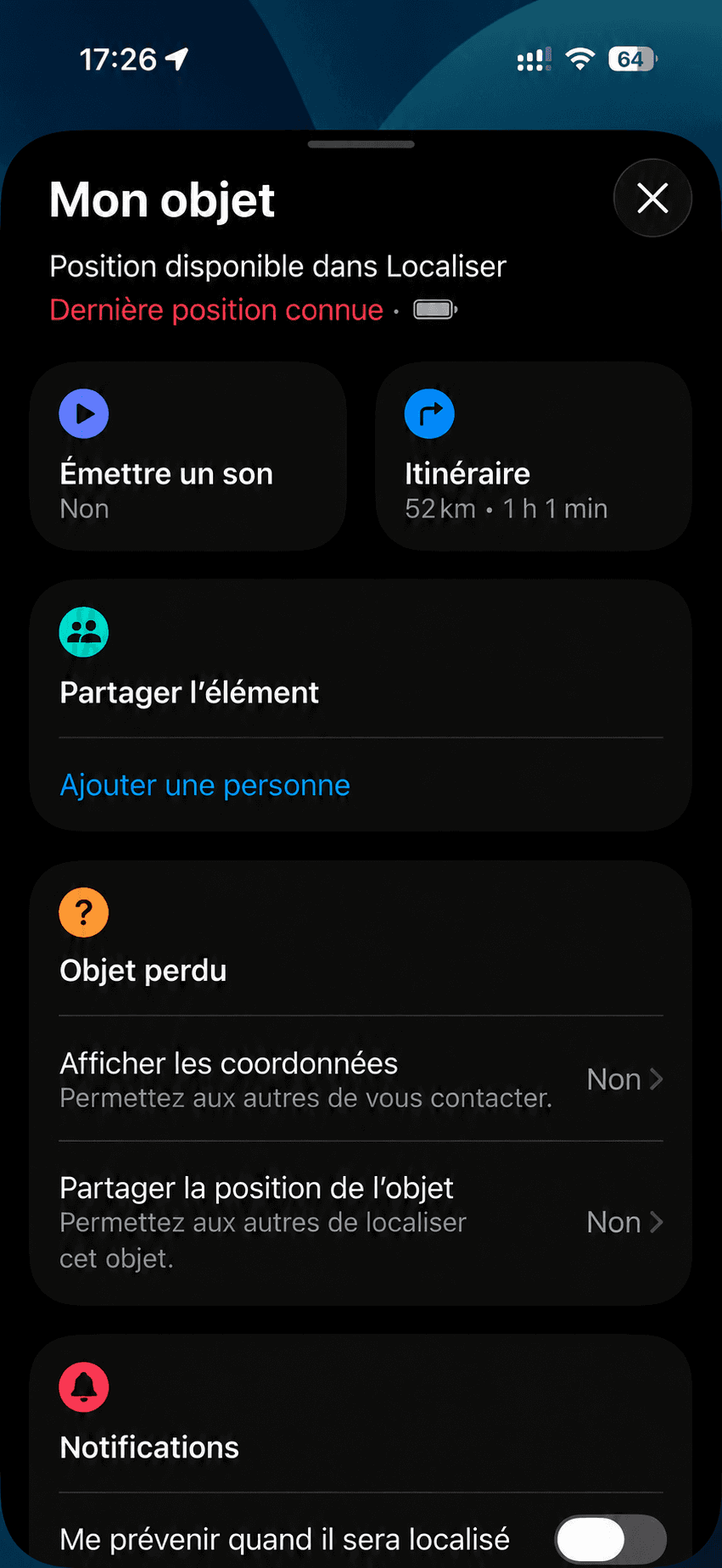 Exemple anonymisé des actions Émettre un son et Itinéraire dans Localiser