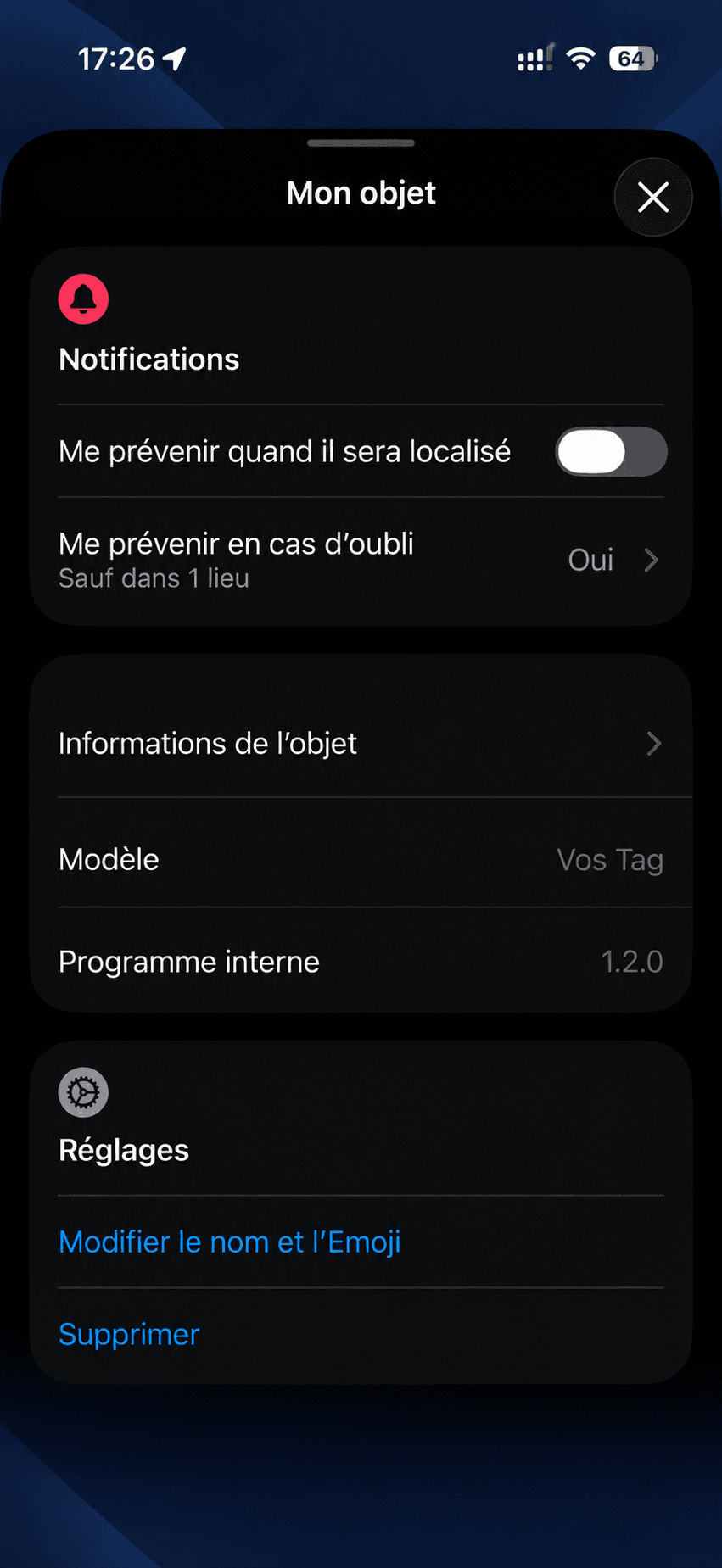 Exemple anonymisé du réglage Me prévenir en cas d’oubli dans Localiser