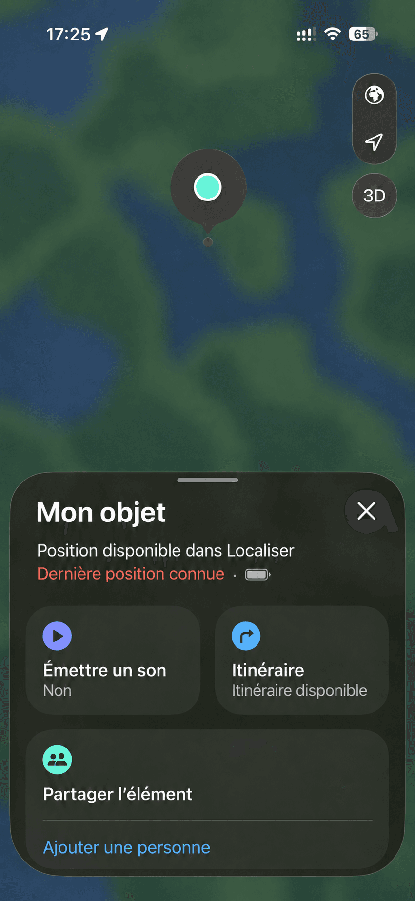 Exemple anonymisé de Localiser montrant une position disponible, une sonnerie et un itinéraire