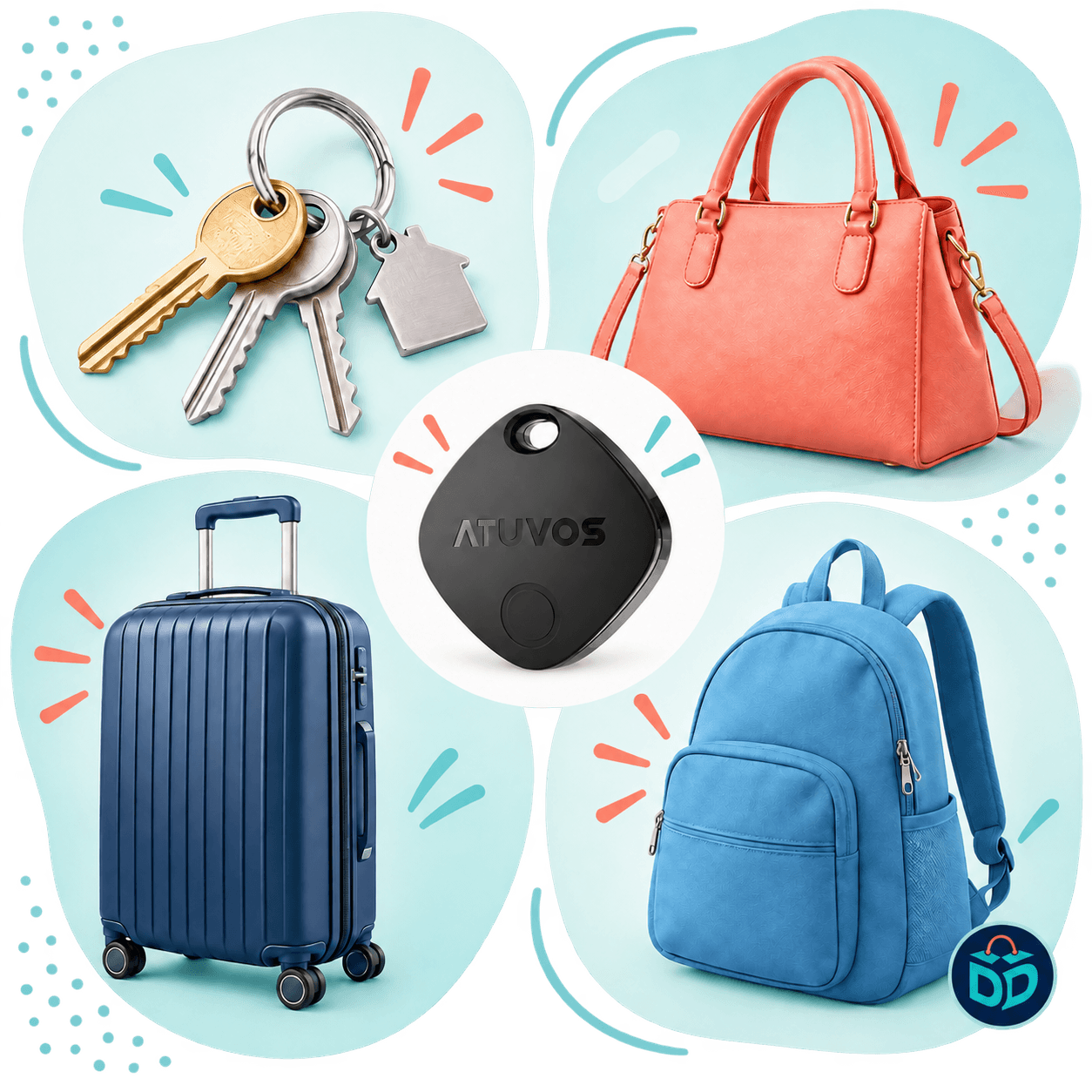 Illustration montrant le traceur ATUVOS au centre, entouré d’un trousseau de clés, d’un sac à main, d’un bagage et d’un sac à dos, avec le logo Danitch Distribution en bas à droite