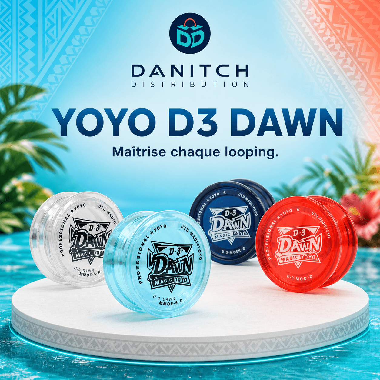 Composition publicitaire validée présentant les Magic Yoyos D3 Dawn bleu clair, blanc transparent, bleu foncé et rouge