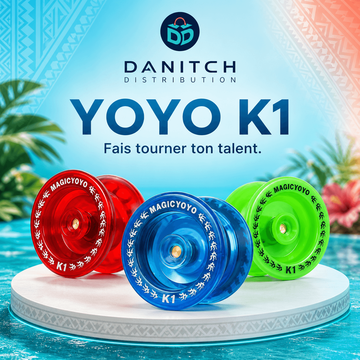 Composition publicitaire validée présentant les Magic Yoyos K1 rouge, bleu et vert lumineux